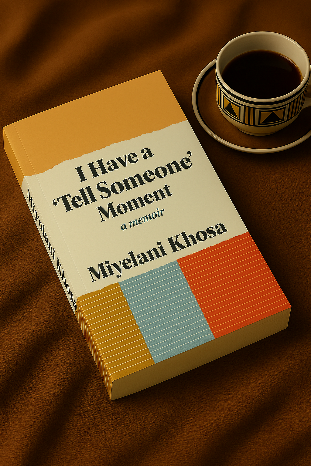 Book cover of I Have a 'Tell Someone' Moment by Miyelani Khosa beside a teacup on a warm brown background